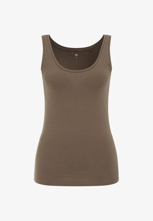 Brown tank top made of cotton, featuring a round neckline and sleeveless design. Smooth texture with a fitted shape and no visible patterns.