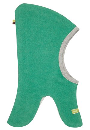 Cappello di feltro verde con una superficie liscia, forma sagomata e bordo in tessuto grigio sul colletto. Presenta un piccolo tag con il nome del marchio.