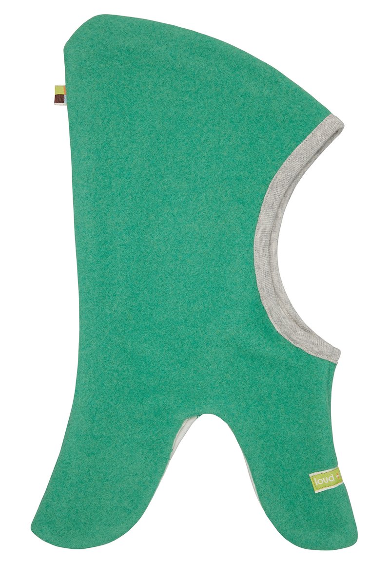 Grüner Filzhut mit glatter Oberfläche, konturierter Form und grauem Stoffbesatz am Kragen. Verfügt über ein kleines Etikett mit dem Markennamen.