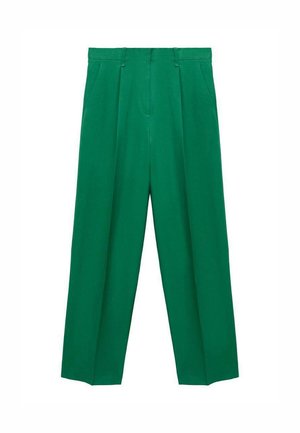 Pantaloni larghi verdi a vita alta, con piega frontale, texture liscia e silhouette sartoriale. Nessun hardware o motivo visibile.