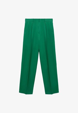 Green wide-leg trousers with a high waistband, pleat front, smooth texture, and tailored silhouette. No visible hardware or patterns.