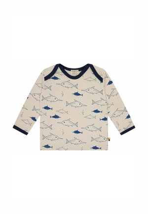 Langarmshirt aus beigem Baumwollstoff mit dunkelblauen Akzenten, mit einem Druck von verschiedenen Fischen in Marineblau und Hellblau, der mit Blasendetails versehen ist.