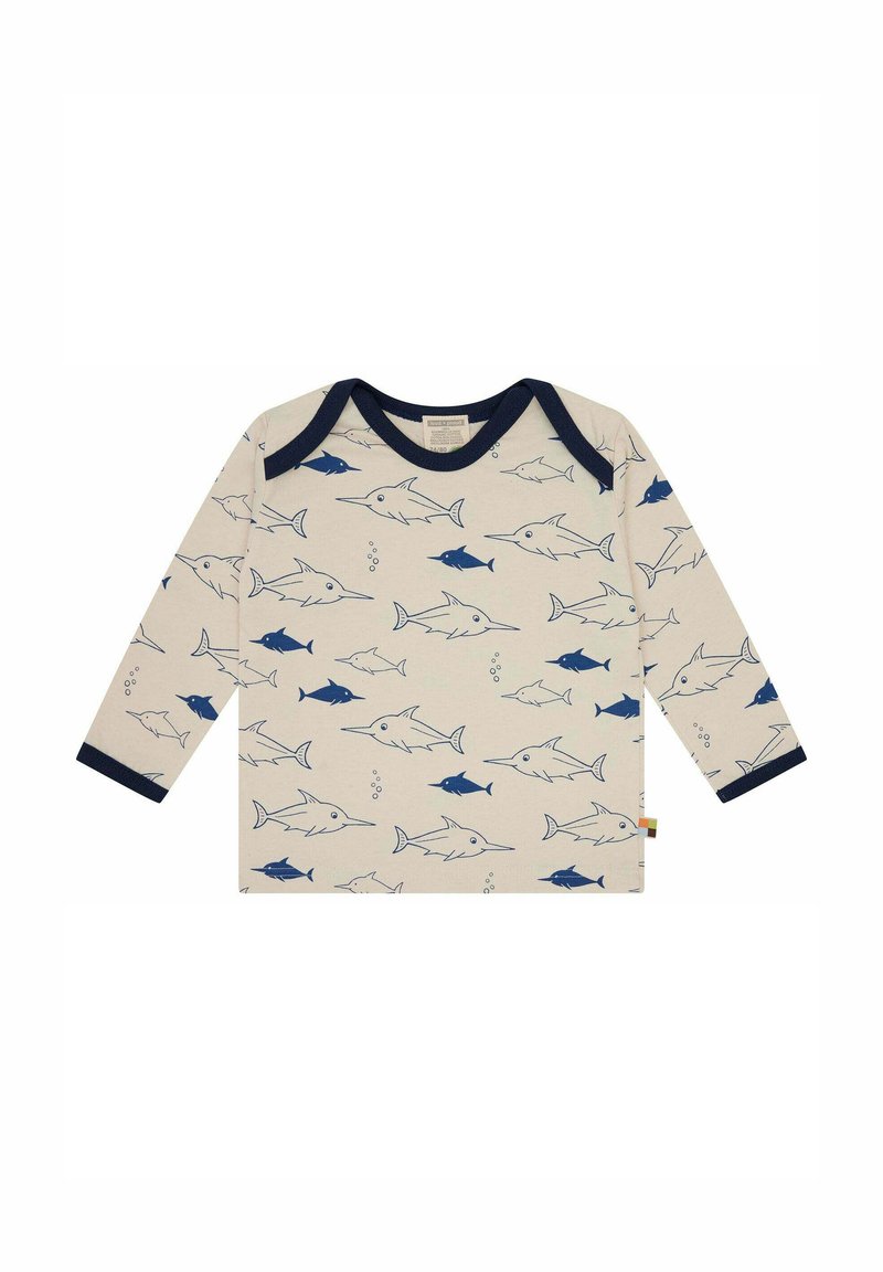 Langarmshirt aus beigem Baumwollstoff mit dunkelblauen Akzenten, mit einem Druck von verschiedenen Fischen in Marineblau und Hellblau, der mit Blasendetails versehen ist.