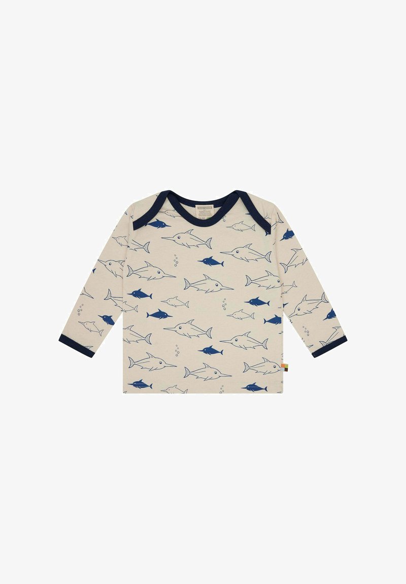 Langarmshirt aus beigem Baumwollstoff mit dunkelblauen Akzenten, mit einem Druck von verschiedenen Fischen in Marineblau und Hellblau, der mit Blasendetails versehen ist.