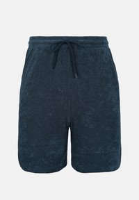 Σκούρα μπλε σορτς από πετσέτα με ελαστική μέση, εμπρόσθιες τσέπες και κλείσιμο με κορδόνι.
