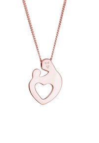 Roze gouden hangerketting met een gestileerde moeder en kind binnen een hartvorm, gemarkeerd met "925" voor de echtheid van sterling zilver.