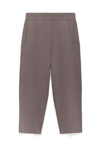 Taupe wijde broek met elastische tailleband en zijzakken, vervaardigd uit zachte, gladde stof.