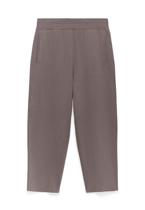 Taupe wijde broek met elastische tailleband en zijzakken, vervaardigd uit zachte, gladde stof.