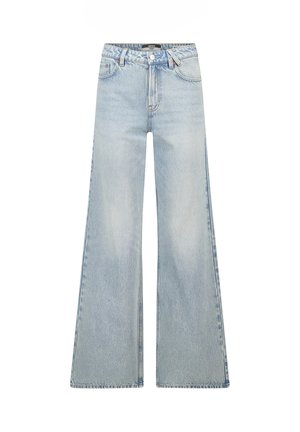 Pantalones vaqueros de pierna ancha en azul claro, confeccionados en denim. Cuentan con una cintura alta, diseño estándar de cinco bolsillos y costuras en contraste a lo largo de las costuras.