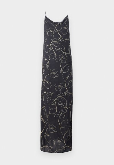 Robe noire sans manches avec un motif floral crème, proposant une coupe décontractée et une longueur midi, fabriquée en tissu léger.