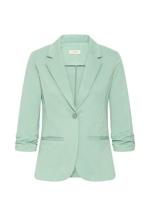 Világoszöld női blézer ráncolt háromnegyedes ujjal, egygombos záródással, kihagyásos hajtókával és két első zsebbel.