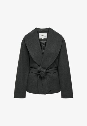 Gray wrap jacket with wide lapels, a textured finish, and a tied belt at the waist. Features a contrast lining and long sleeves.