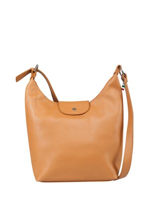 Lichtbruine leren schoudertas met verstelbare band, voorsluiting met metalen drukknop en een klein Italiaans vlaggetje aan de zijkant.