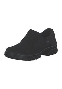 Schwarze Slipper aus Wildleder mit strukturiertem Laufsohle und elastischen Seitenteilen für einfaches An- und Ausziehen. Rundtoes und Design mit niedrigem Absatz.