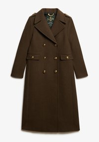 Cappotto lungo doppiopetto marrone scuro con bottoni dorati, ampi revers, spalline e tasche con pattina su entrambi i lati.