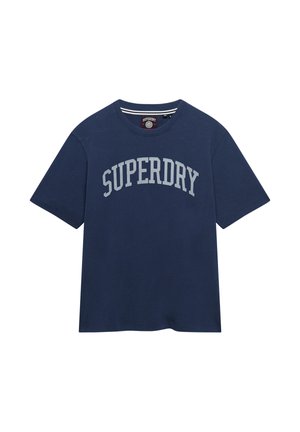Marineblaue kurzärmlige T-Shirt mit Rundhalsausschnitt und dem Schriftzug "SUPERDRY" in großen grauen Buchstaben auf der Brust.