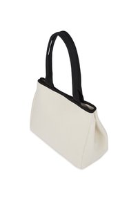 Plátěná taška v smotanovej farbe s čiernym akcentom na vrchu; obsahuje dva čierne úchyty a má štruktúrovaný, uhlový tvar. Hladký povrch.