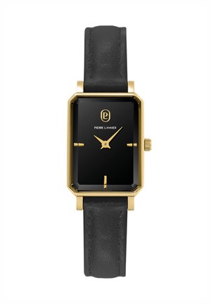 Montre noire rectangulaire avec boîtier doré, bracelet en cuir noir, marqueurs d'heure minimalistes et logo sur le cadran. Design élégant dans l'ensemble.