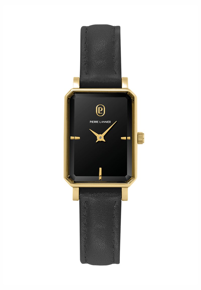 Montre noire rectangulaire avec boîtier doré, bracelet en cuir noir, marqueurs d'heure minimalistes et logo sur le cadran. Design élégant dans l'ensemble.