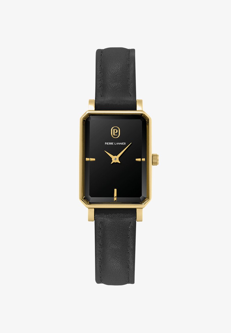 Juodasis stačiakampis laikrodis su auksinės spalvos korpusu, juoda odinė apyrankė, minimalūs valandų žymekliai ir logotipas ant ciferblato. Išskirtinai elegantiškas dizainas.