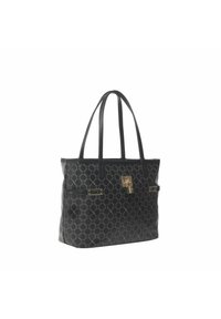 Borsa tote nera realizzata in materiale sintetico con motivo e hardware dorato. Presenta due manici lunghi e una forma strutturata.