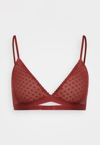 Rød bralette med en gjennomsiktig prikkete mesh-design, solid bånd, justerbare stropper og dekorativ picot-kant.
