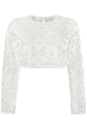 Weißes, spitzenbesetztes Langarm-Crop-Top mit floralem Muster, rundem Ausschnitt und gerafftem Saum. Verfügt über eine Schlüsselöffnung im Rücken.