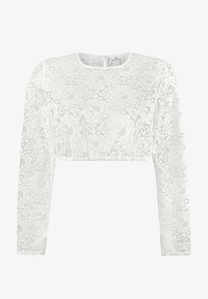 Weißes, spitzenbesetztes Langarm-Crop-Top mit floralem Muster, rundem Ausschnitt und gerafftem Saum. Verfügt über eine Schlüsselöffnung im Rücken.