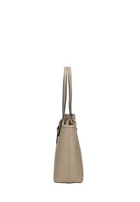 Sac à main synthétique beige avec deux poignées noires, design vertical, texture lisse et fermeture zippée en haut ; présente des accents en métal doré.