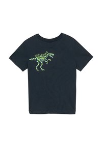 Navyblaues Baumwoll-T-Shirt mit kurzen Ärmeln, das ein leuchtendes grünes Dinosaurierskelett-Design und den Text "exploring" über dem Motiv zeigt.