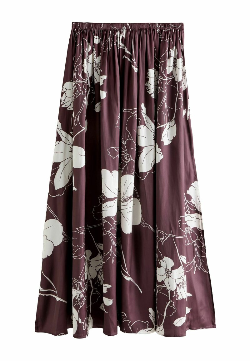 Maksi svārki tumši burgundijas audumā ar lieliem baltiem ziedu rakstiem. Elastīga jostasvietas lente ar savilktu tekstūru, pilna garuma plūstoša silueta.