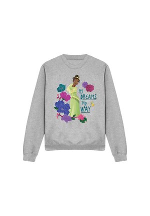 Gray sweatshirt with a smiling girl in a green dress surrounded by colorful flowers and the text "My dreams, my way."