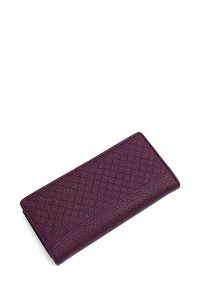 Rectangular wallet in deep purple, made from textured material with a diamond pattern, featuring stitched edges and a smooth finish.
