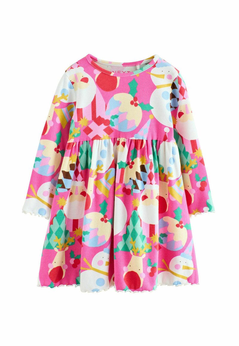 Langärmliges pinkes Kinderkleid mit bunten Weihnachtsmustern, darunter Schneemänner, Stechpalmen, Glocken und Rentiergesichter.