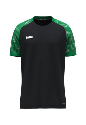 Black short-sleeve sports shirt with green patterned shoulders and "JAKO" logo on the left chest.