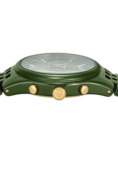 Green wristwatch with gold buttons and crown, side view showing transparent dome-shaped glass and rubber strap links.