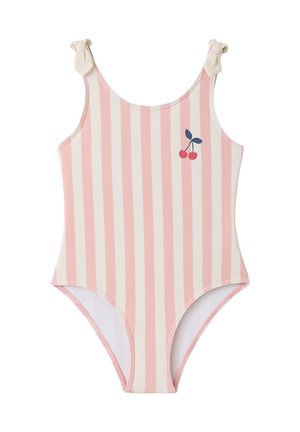 Pink-weißer, vertikal gestreifter Einteiler mit geknoteten Trägern und einem kleinen Kirschmotiv auf der Brust.