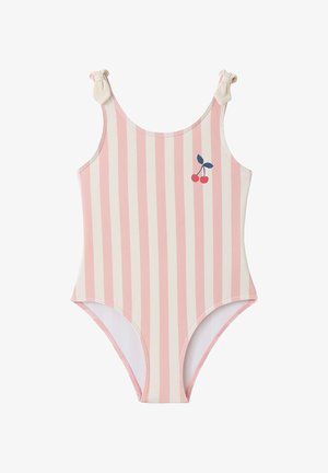 Pink-weißer, vertikal gestreifter Einteiler mit geknoteten Trägern und einem kleinen Kirschmotiv auf der Brust.