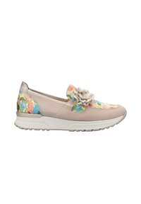 Beige Slip-On-Sneaker aus Mesh mit floralen Akzenten in Rosa, Blau und Grün. Verfügt über eine strukturierte Gummisohle und ein dekoratives Blumendetail.