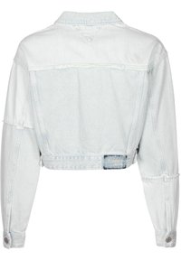 Light blue cropped denim jacket with frayed edges, long sleeves, buttoned cuffs, and a small "Tommy Jeans" label on the back hem.
