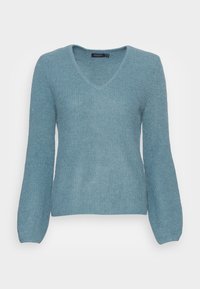 Hellblaues Sweater mit V-Ausschnitt, langen Glockenärmeln und einem strukturierten Strickmuster. Aus weichem Material gefertigt und mit einer entspannten Passform.