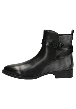 Bottes chevilles en cuir noir avec un panneau texturé gris, sangle à boucle ajustable, bout étroit et un talon bas empilé.