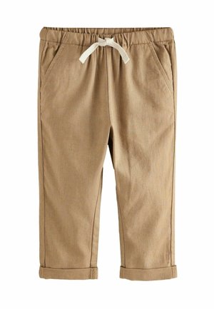 Pantalon pour tout-petit de couleur marron clair avec taille élastique, cordon blanc, poches latérales et revers retroussés sur un fond blanc.