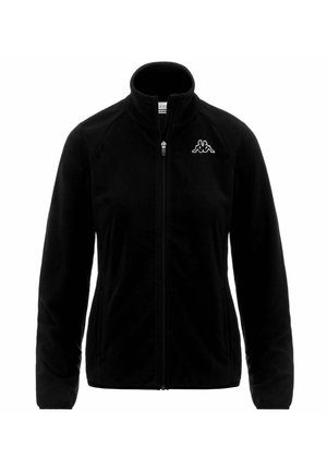 Veste polaire noire zippée intégralement avec col montant et logo Kappa blanc sur la poitrine gauche, conçue pour une taille moyenne.