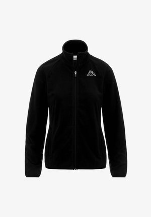 Veste polaire noire zippée intégralement avec col montant et logo Kappa blanc sur la poitrine gauche, conçue pour une taille moyenne.