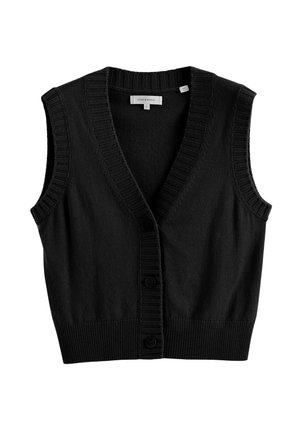 Schwarze ärmellose Strickjacke mit tiefem V-Ausschnitt, mit gerippter Textur entlang des Hals- und Saumabschlusses und fünf vorderen Knöpfen zum Schließen.