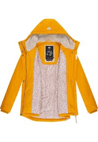 Yellow waterproof jacket with a padded, patterned interior lining. Features a hood, zip closure, and textured fabric for warmth.