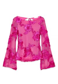 Blusa trasparente rosa con maniche lunghe a campana, caratterizzata da ricami floreali in rilievo in diverse tonalità di rosa. Dettaglio a chiave sul retro.