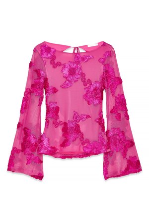 Pink sheer blouse with long bell sleeves, featuring raised floral embroidery in varying shades of pink. Keyhole back detail.
