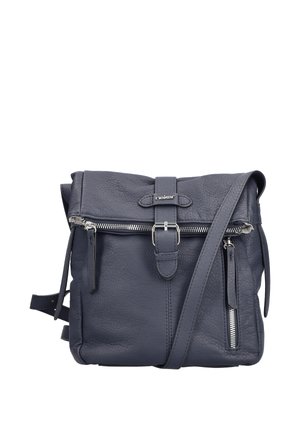 Sac bandoulière en cuir texturé bleu foncé avec poches avant zippées, sangle à boucle et bandoulière réglable.